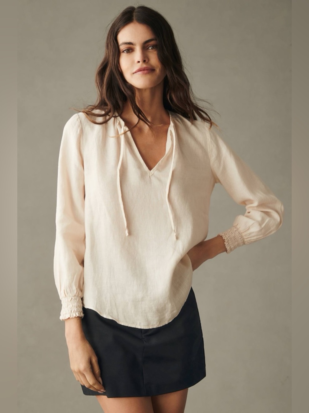 Cloth & Stone Cream‎ Linen Tie-Neck Long Sleeve Peasant Top Size L